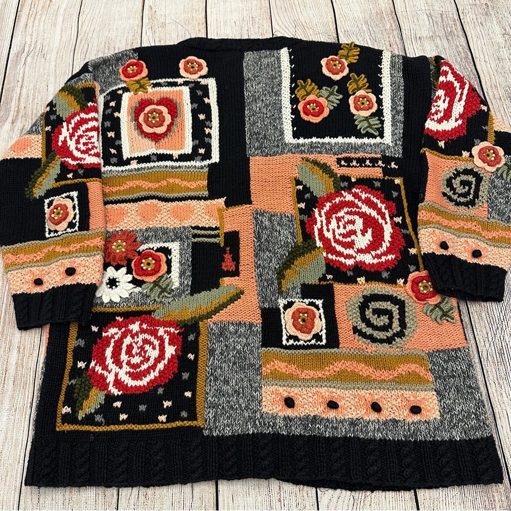 Vtg Floral Patchwork Cardigan Sweater Small Cottagecore 90s Chunky Knit Ramie - Picture 6 of 6